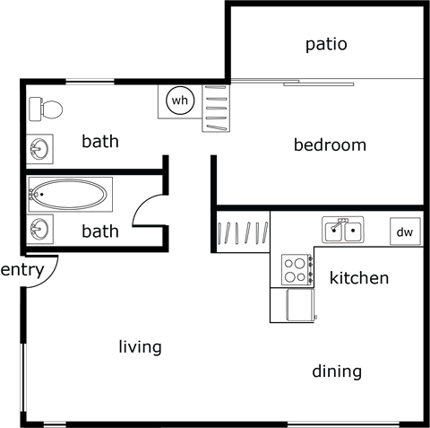 Floor plan for 1 bed, 1 bath, 730 sqft